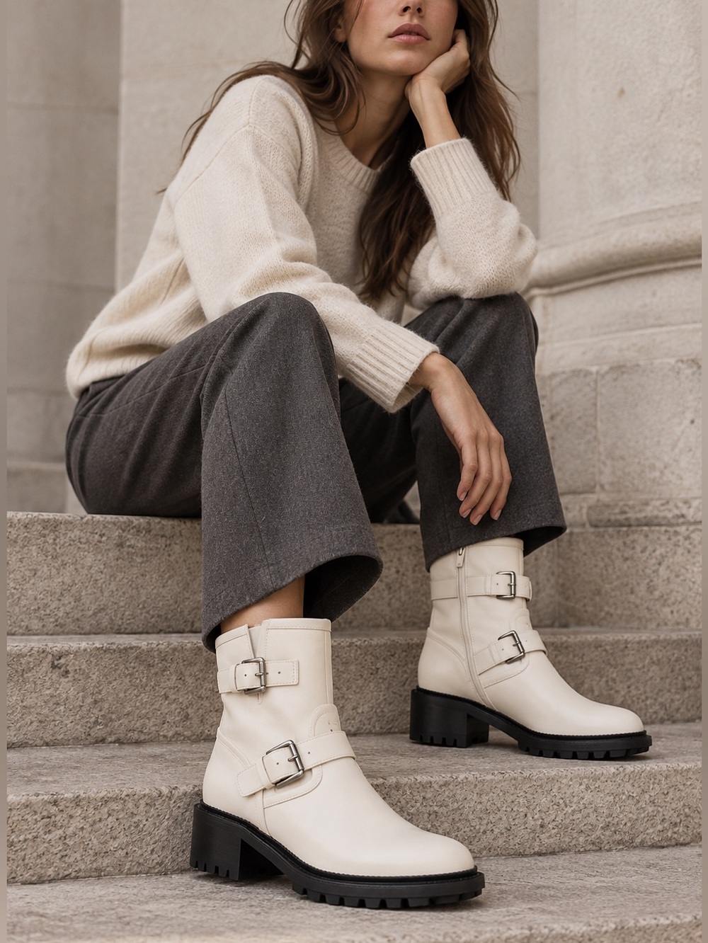 Aquatalia Omayda Water‎ Repellent Moto Off White Leather Boot Shoes Size 9m